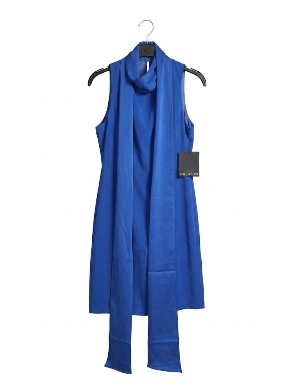 Halston Cobalt Blue Sleeveless High Neck Shift Dress Attached Scarf Tie 8 NWT